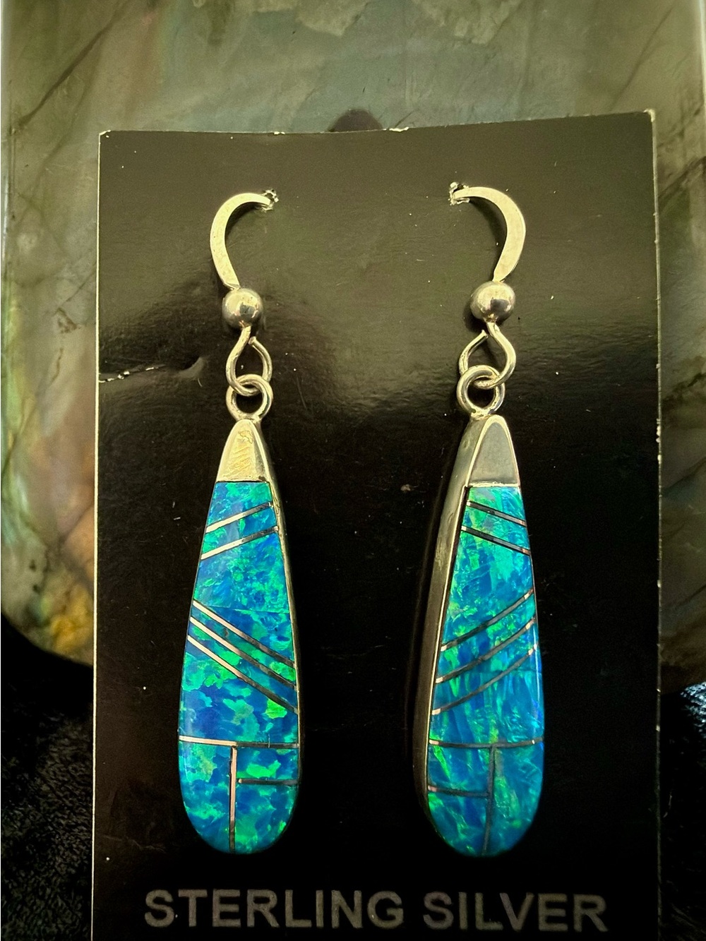 Blue Opal Inlay Teardrop Earrings -